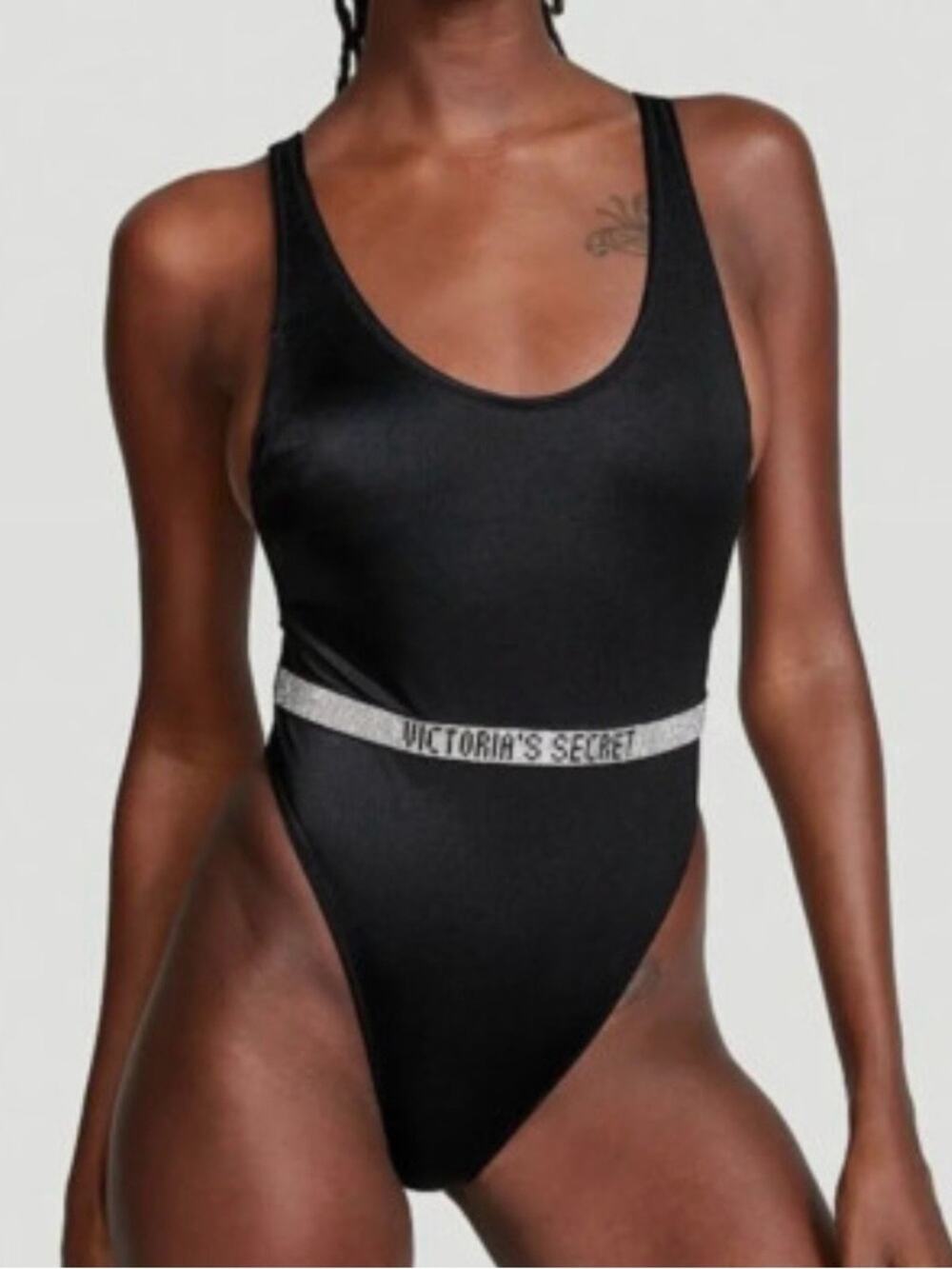 Victoria's Secret Shine Strap Plunge One-Piece Swimsuit Black Bling Logo Small